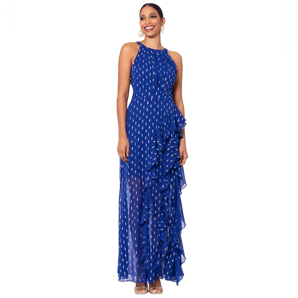 Betsy & Adam Metallic Chiffon Front Ruffle Slit Halter Neck Sleeveless Gown - Picture 12 of 17